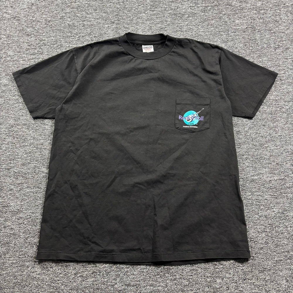 Vintage 1990s Oneita Rock n Roll Cafe Bahamas Pocket T-Shirt Black Size XL